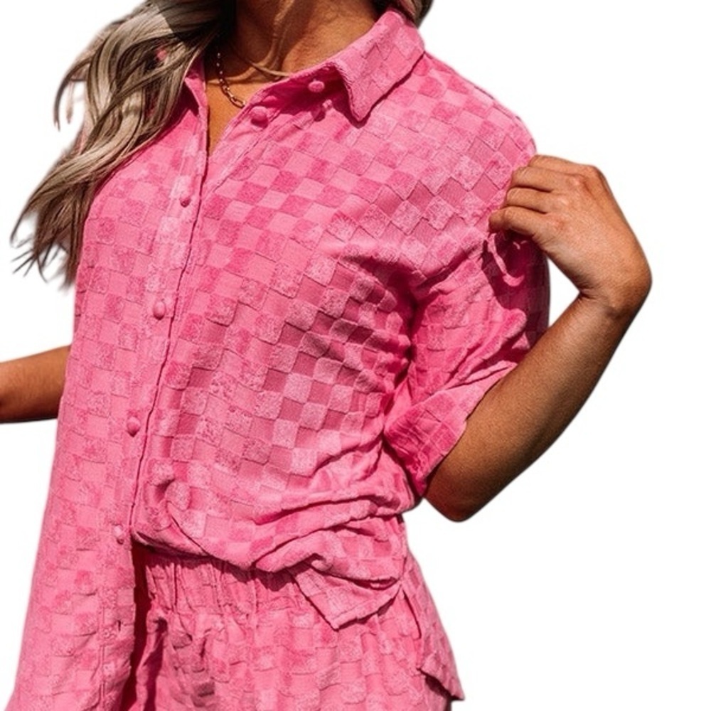 Bailey Rose Pink Checkered Terry Shirt large beach summer spring oversized